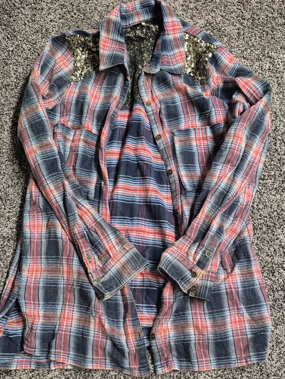 Free People Navy and Red Plaid Shirt with Black Lace Detail